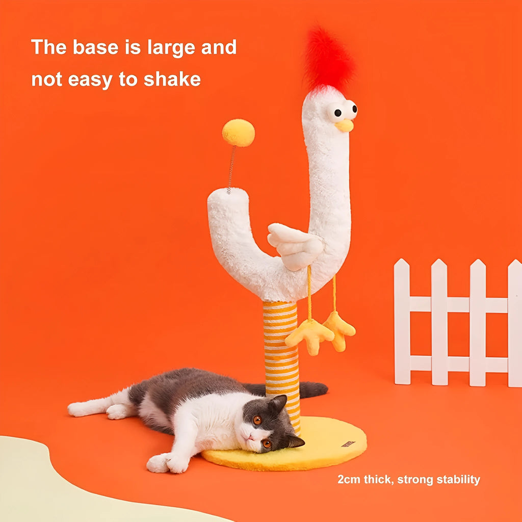 Tall sisal rope cat scratching post with a curved surface and a spring ball on top