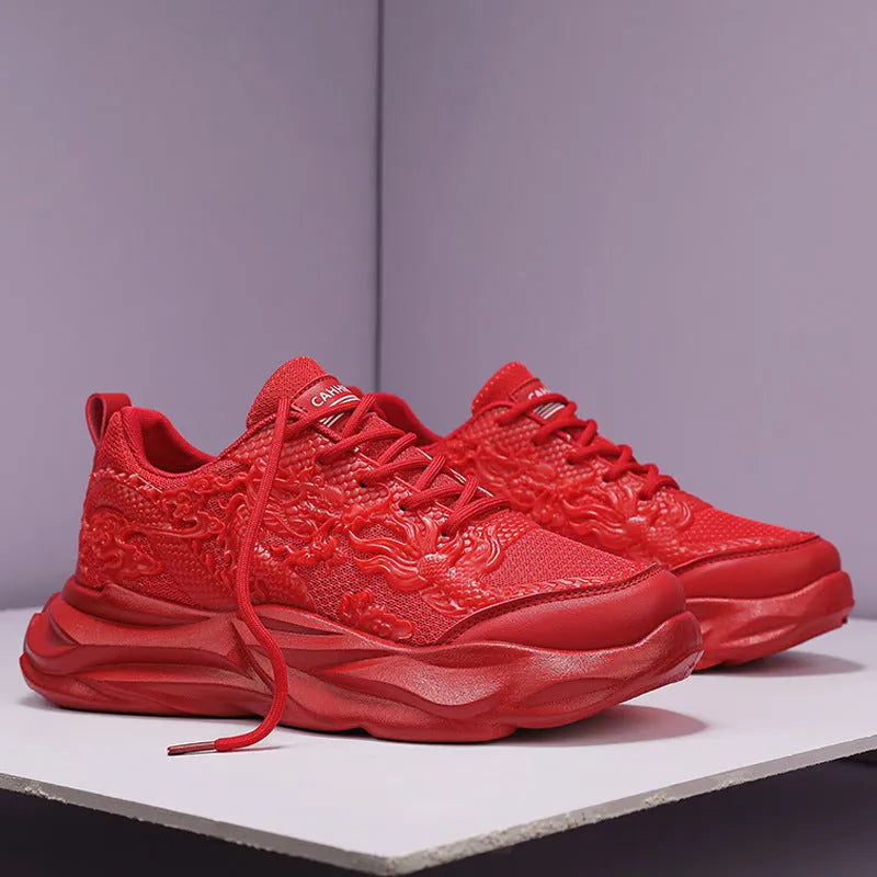 Casual fly knit sneakers with Chinese dragon design, microfibre upper, and rubber sole