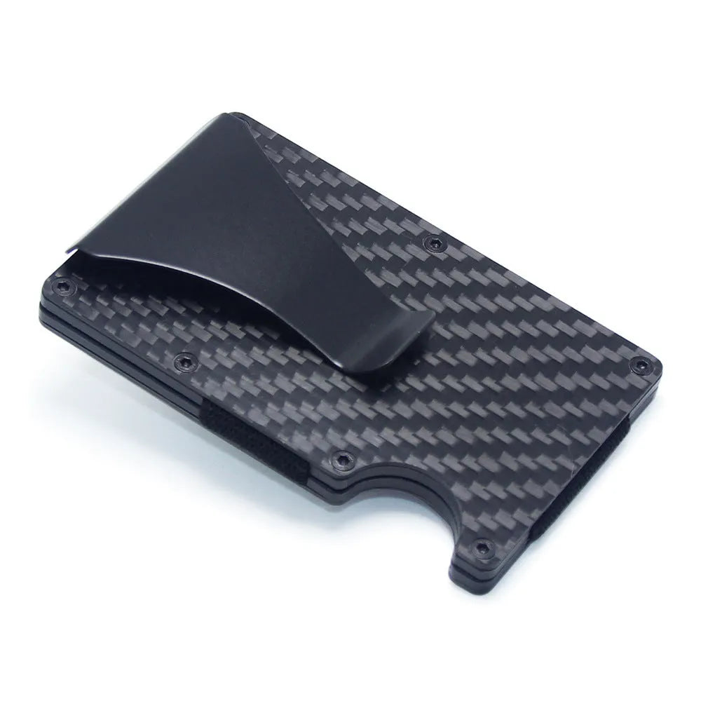 CH6600 geometric card wallet in black carbon fibre, showing slim 8mm profile and card capacity.