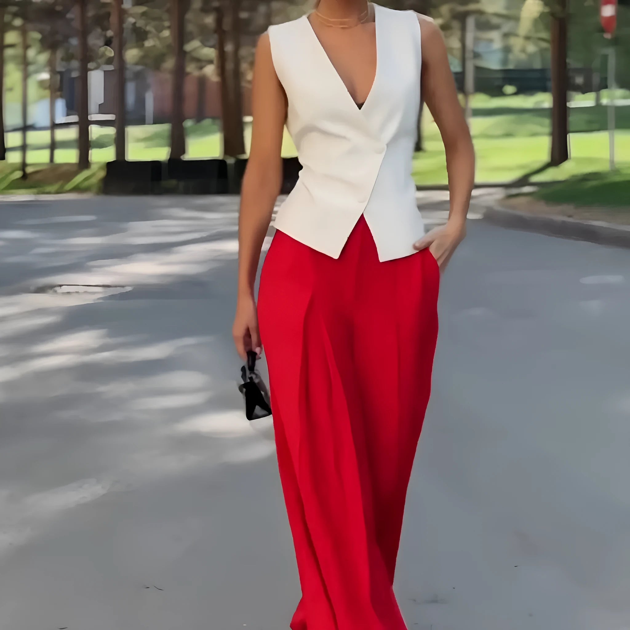 Women's beige two-piece set with sleeveless deep V-neck top and high-waisted wide-leg trousers