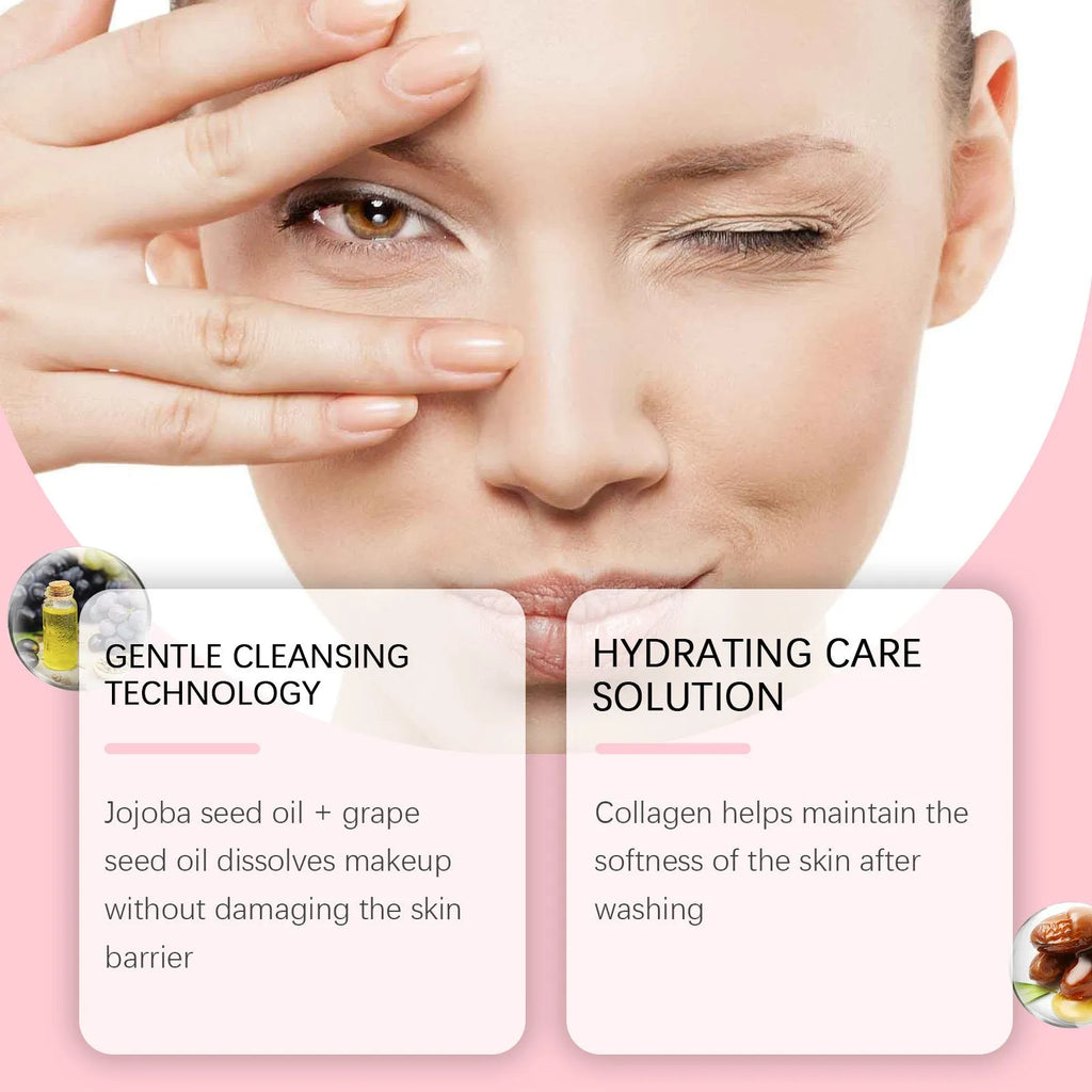100 ml bottle of Collagen Cleansing Oil with jojoba and grape seed oils for gentle makeup removal.