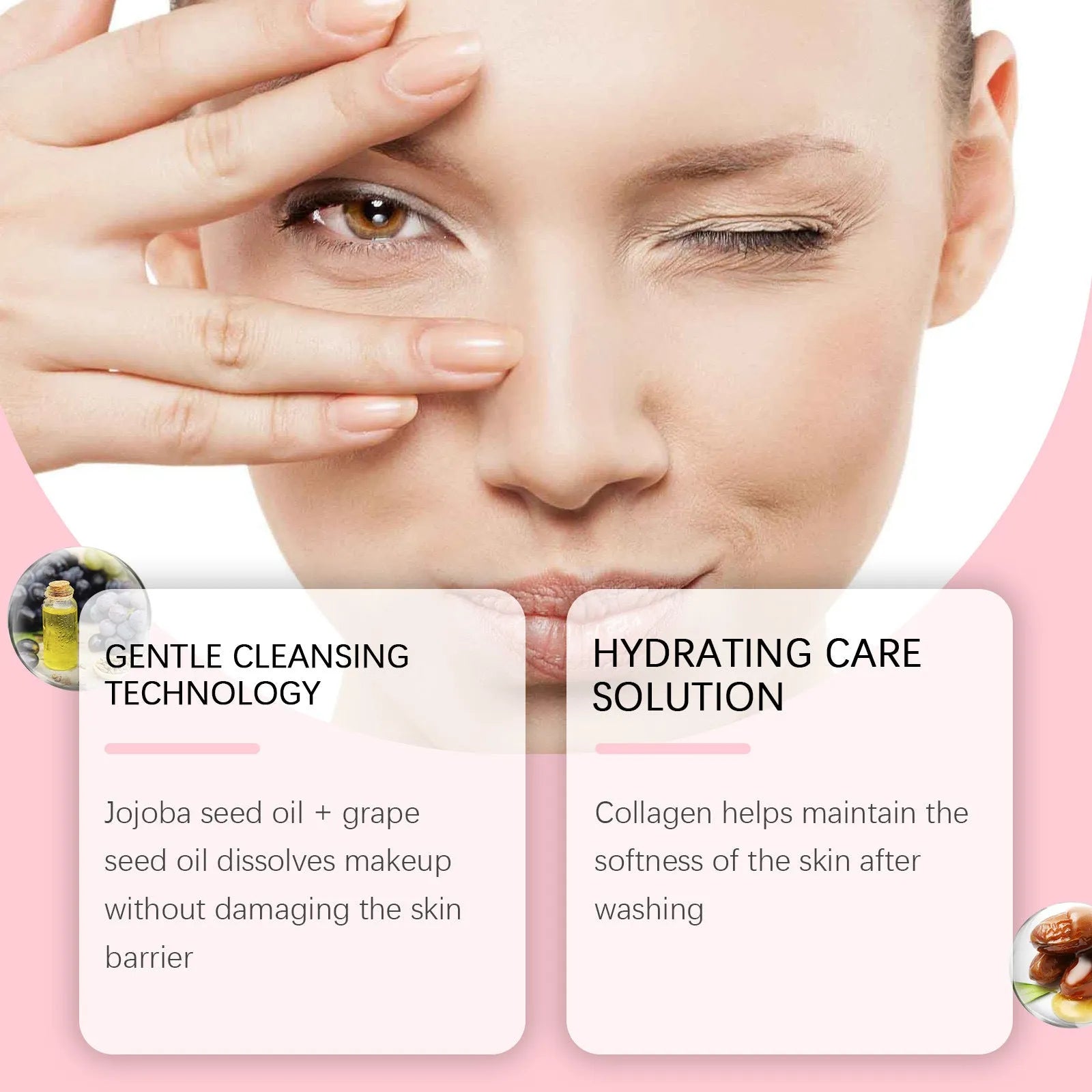 100 ml bottle of Collagen Cleansing Oil with jojoba and grape seed oils for gentle makeup removal.