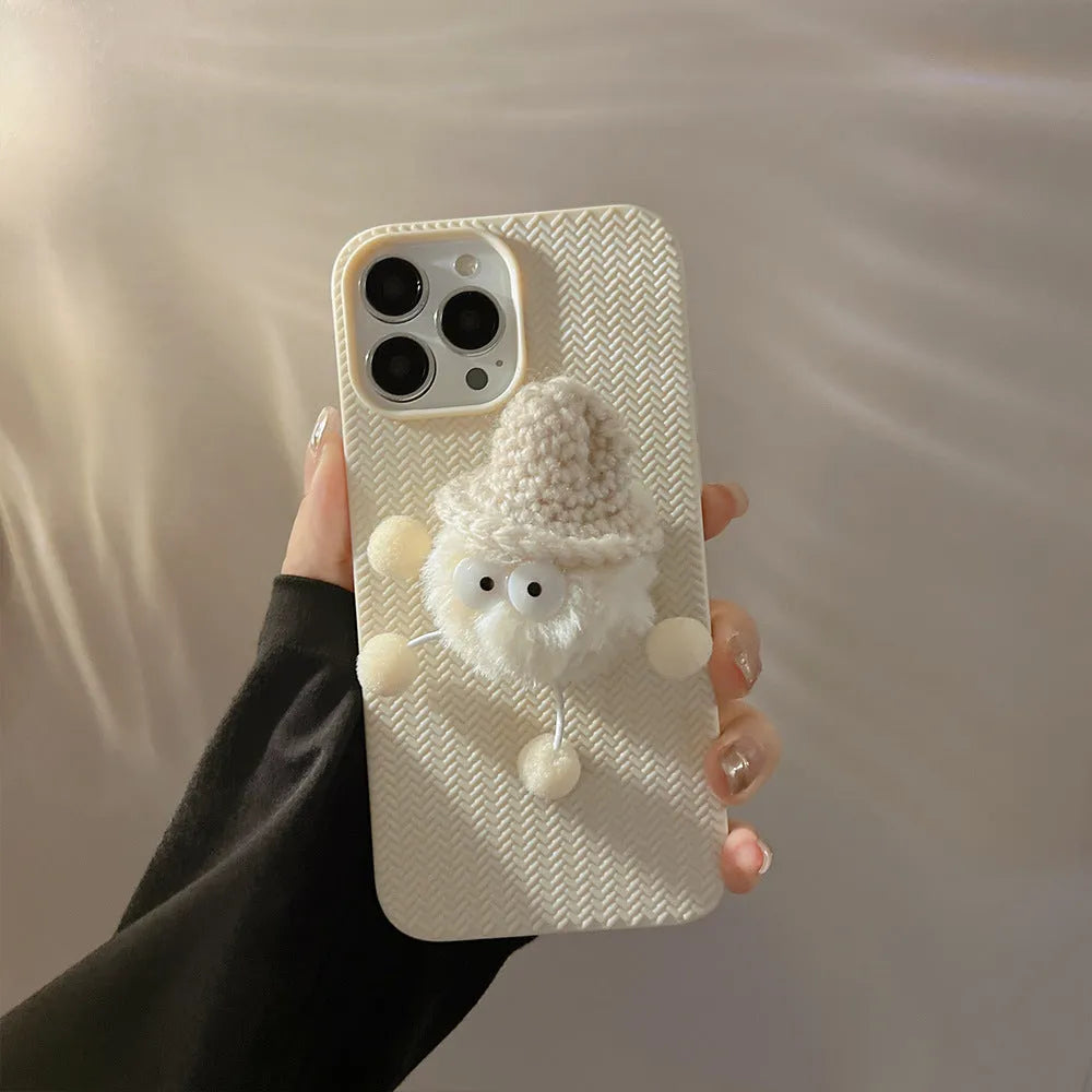 Plush coal ball phone case for iPhone, soft TPU shell, black, with 3D hairy doll design