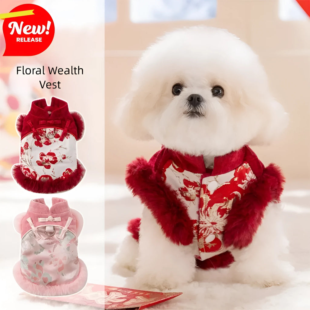 Chinese-style pet jacket with stand-up collar and festive prints in red or pink for small dogs and cats