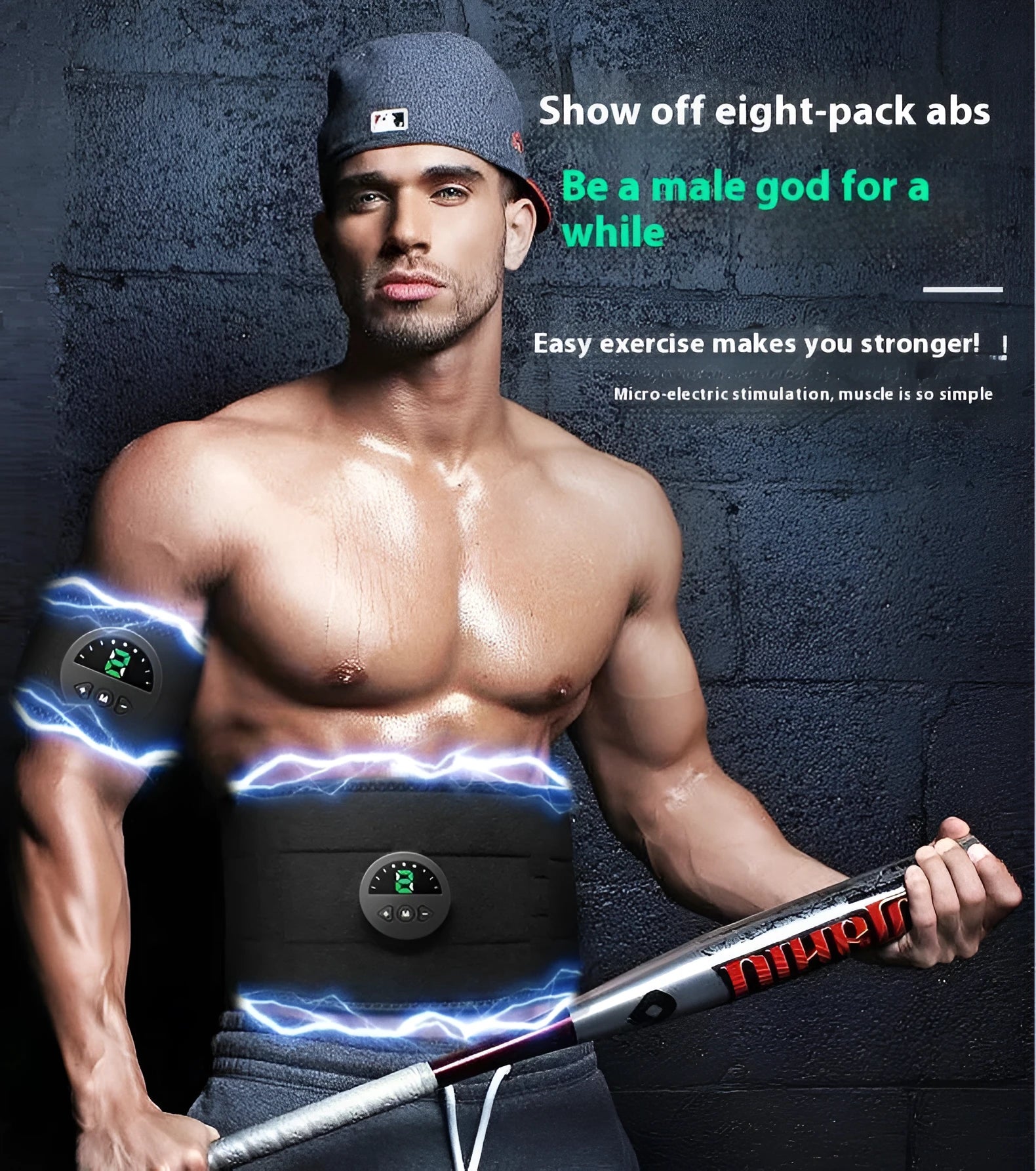 Sweat fitness belt for waist and abdomen reduction shown with adjustable strap and display screen.
