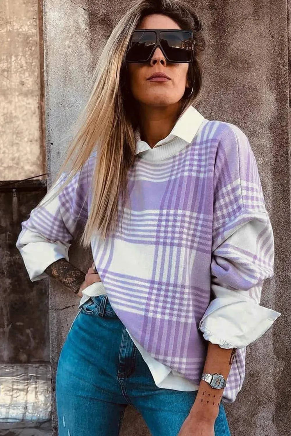 Lilac plaid print loose women's sweater with ribbed trim on long sleeves.