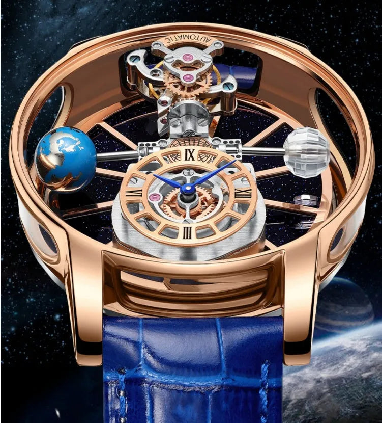 Men's hollowed-out quartz watch with round 46mm dial, real leather strap, and mineral glass on wrist