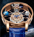 Men's hollowed-out quartz watch with round 46mm dial, real leather strap, and mineral glass on wrist