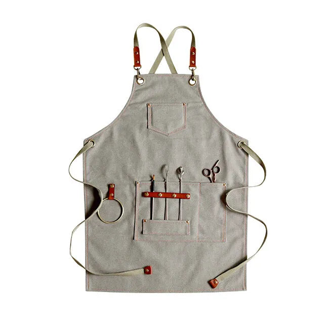Han style canvas apron with cross-strap back in camel, light grey, or dark grey