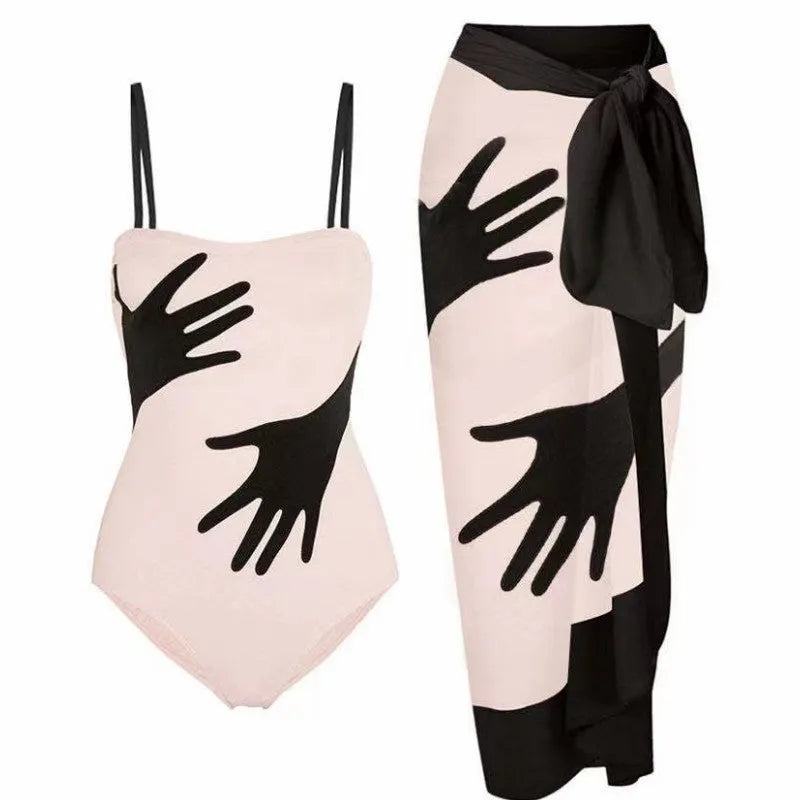 Women's one-piece bikini swimsuit with a gauze skirt, made from polyester fibre.