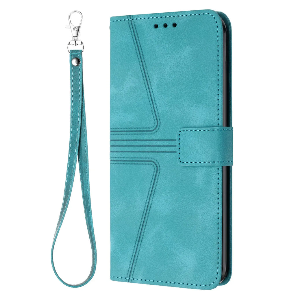 Flip card leather case for Samsung S24 Ultra in blue with embossed geometric lines and short hand strap