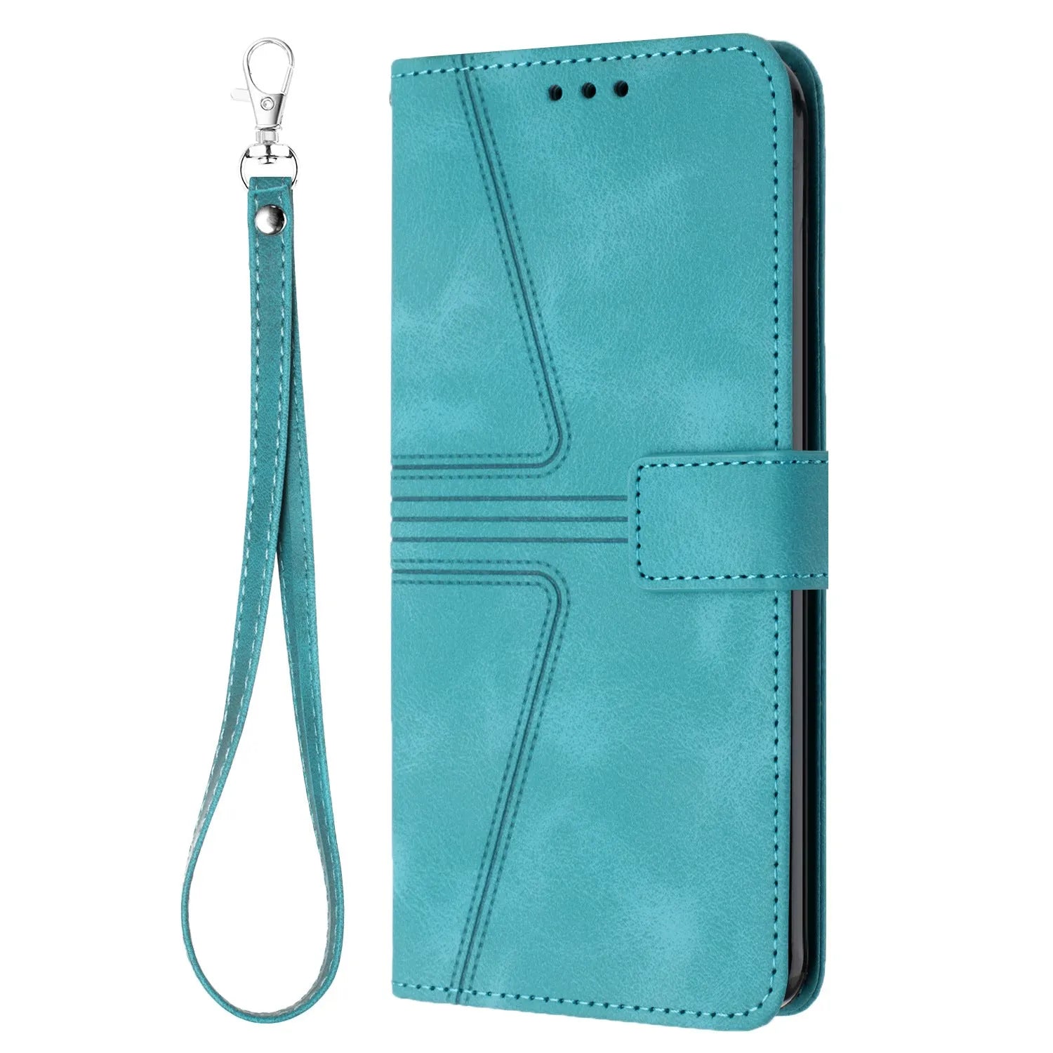 Flip card leather case for Samsung S24 Ultra in blue with embossed geometric lines and short hand strap