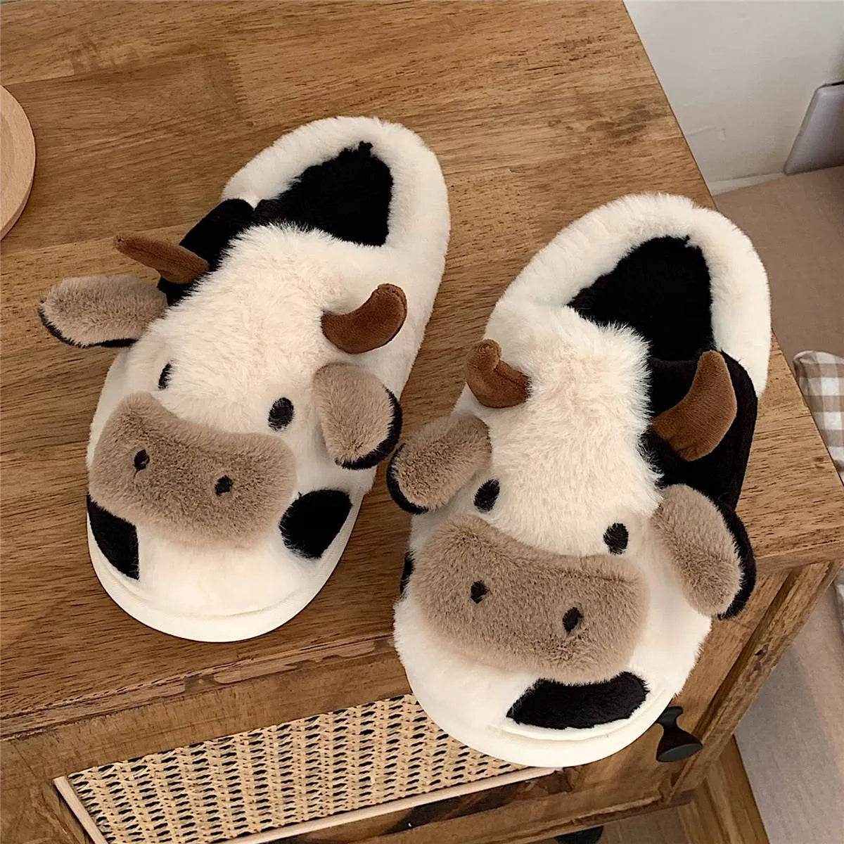 White cow animal slippers with plush faux fur and textured anti-slip soles