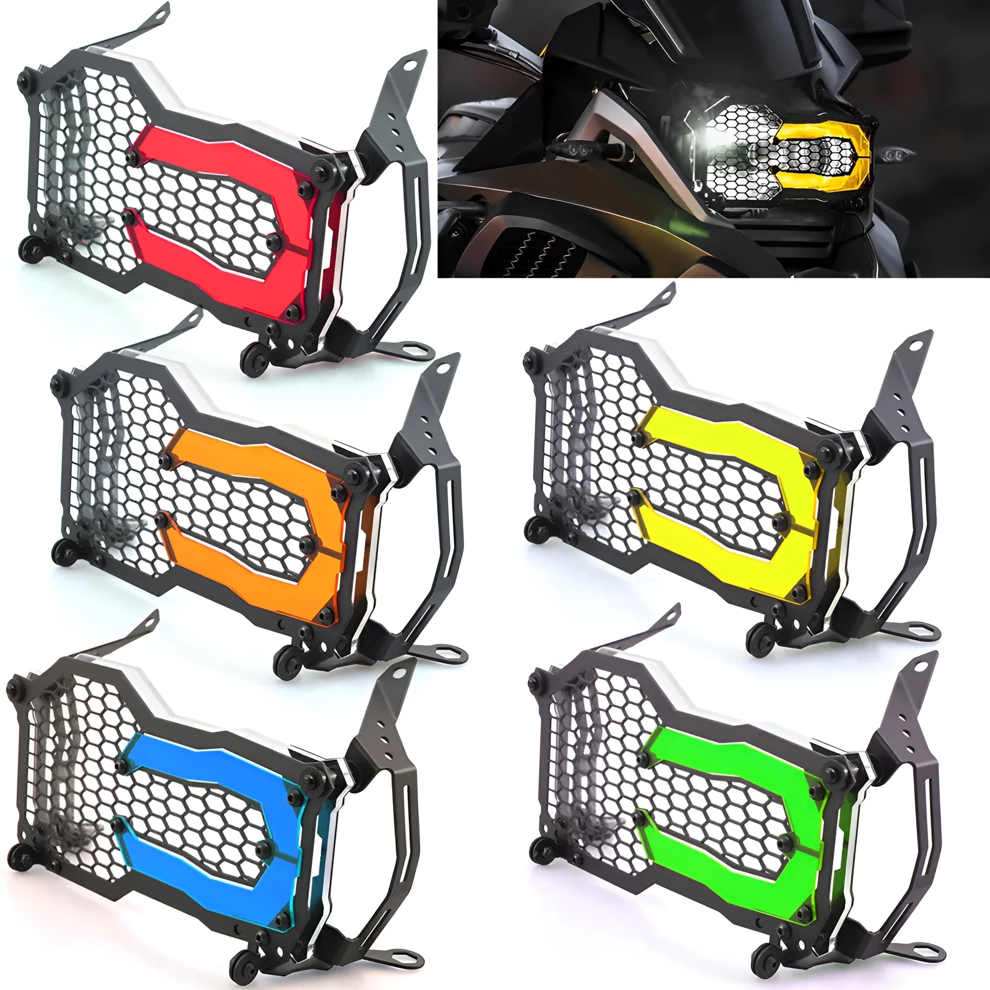 BMW motorcycle headlight protective cover in fluorescent yellow mounted on a GS adventure bike.
