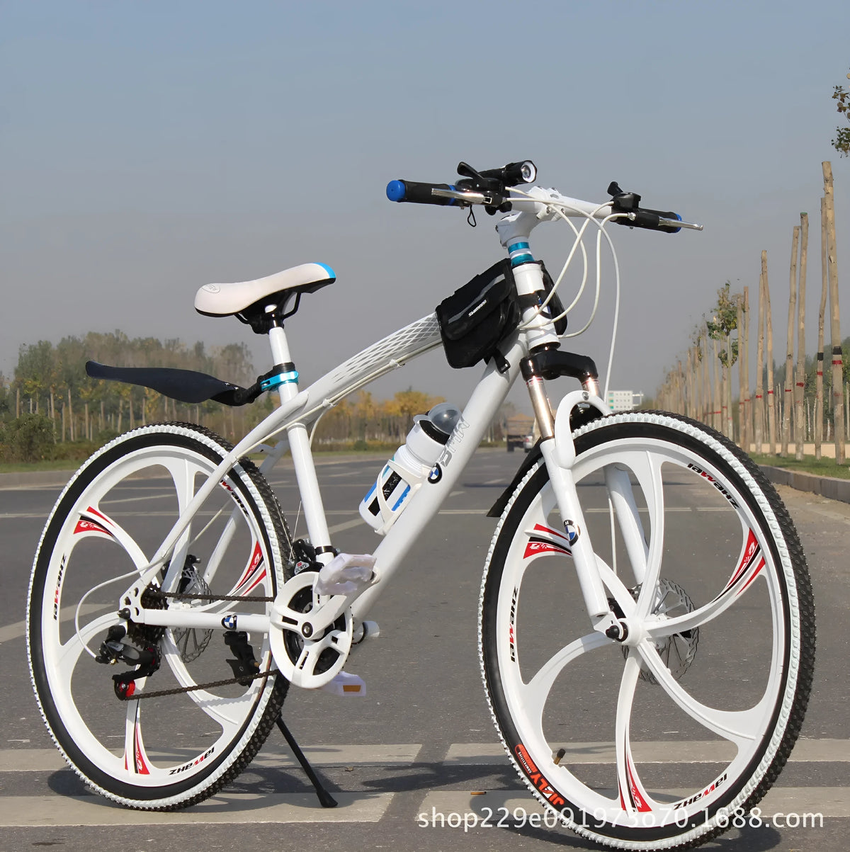 BMW cross country mountain bike with double disc brake, high carbon steel frame, black finish, 26 inch wheels