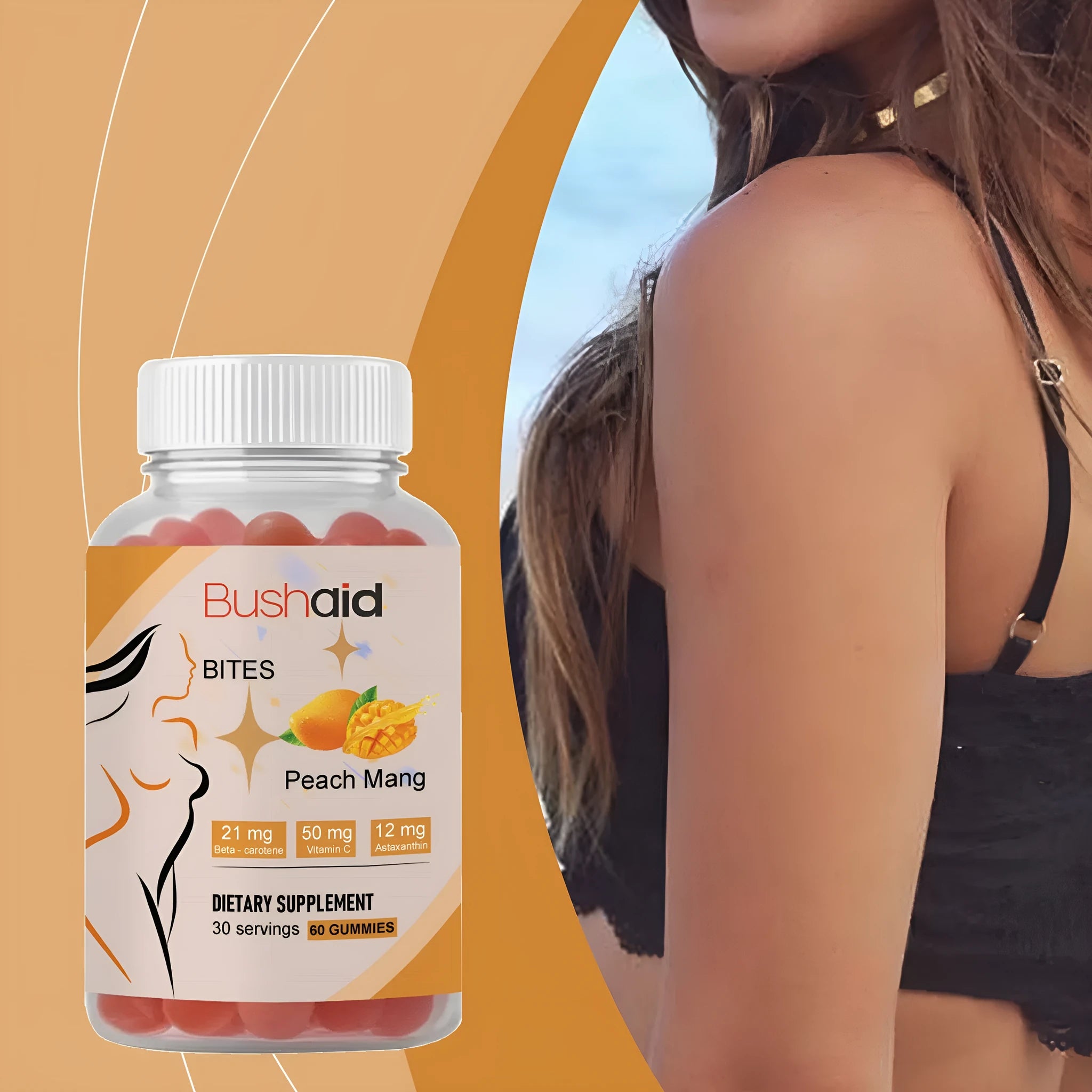 BUSHAID Tanning Gummy Candies container showing 60 soft candies with astaxanthin and vitamin D3