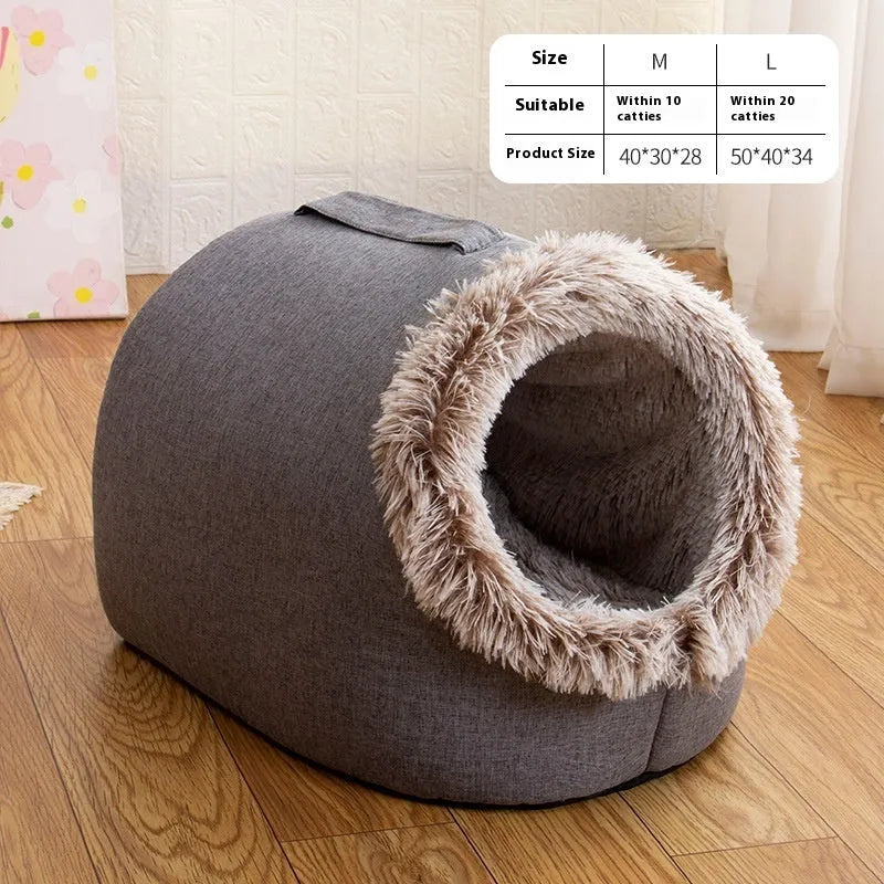 Grey fleece-lined closed cat sleeping bag bed showing enclosed nest design for winter warmth.