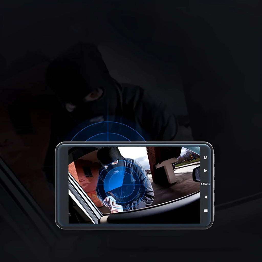 4-inch touch screen dual lens car dash cam with adhesive mount on windscreen