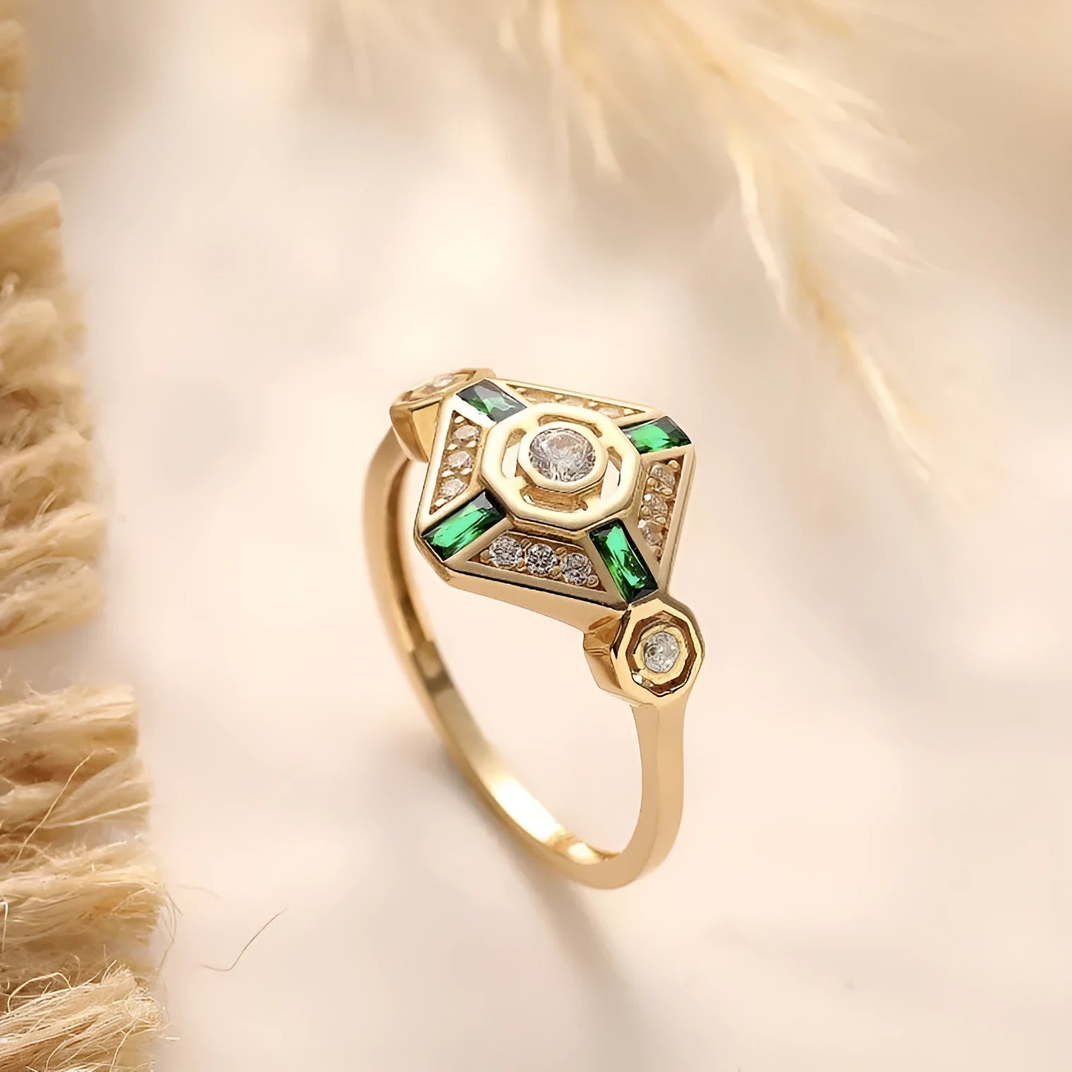 Square cut emerald diamond ring with electroplated finish in lvzuan colour