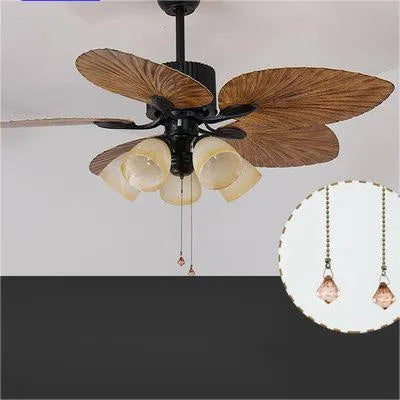 Palm-leaf fan vintage chandelier with wooden glue leaf blades and copper lampshade, 52-inch size