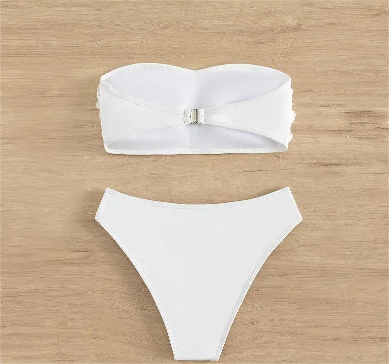 Women's white nylon tube top and high waist brief bikini swimsuit set
