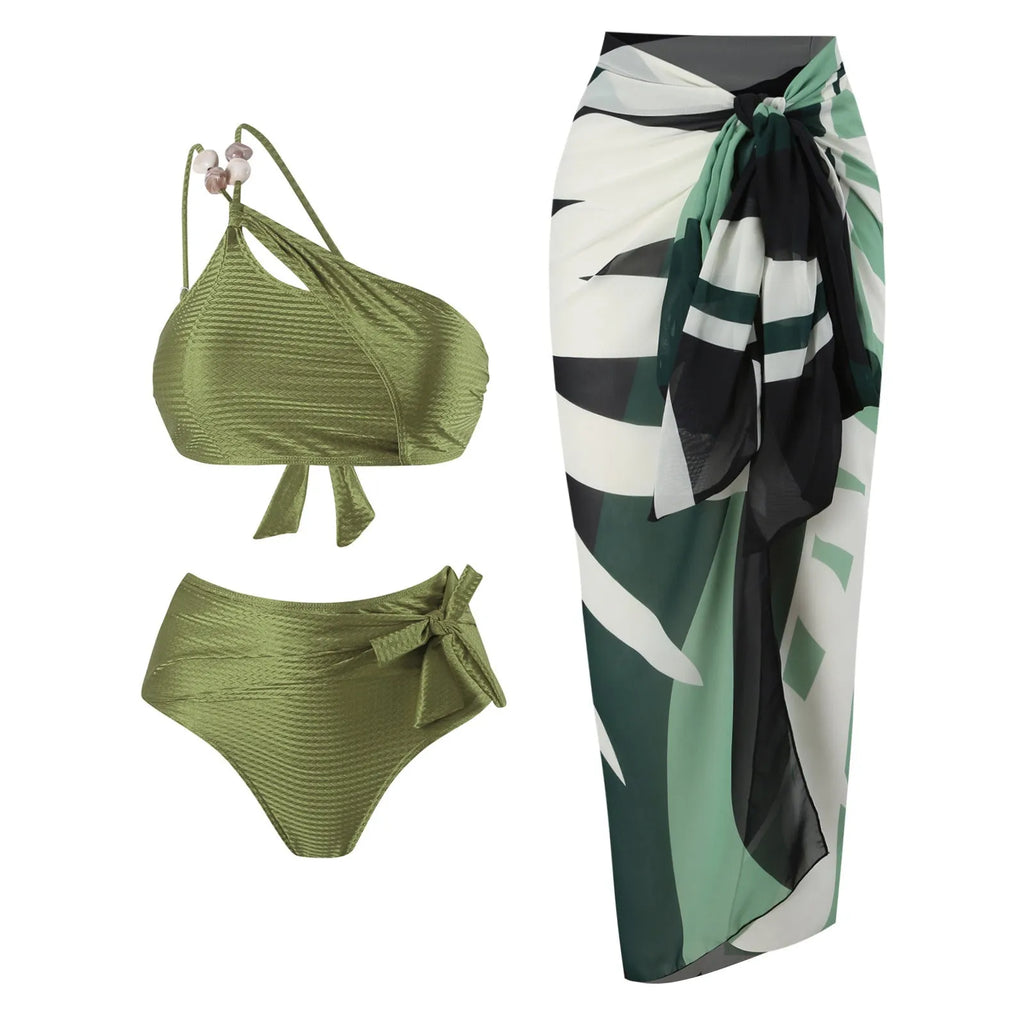 Women's brown high waist bikini with a sheer chiffon dress overlay attached.
