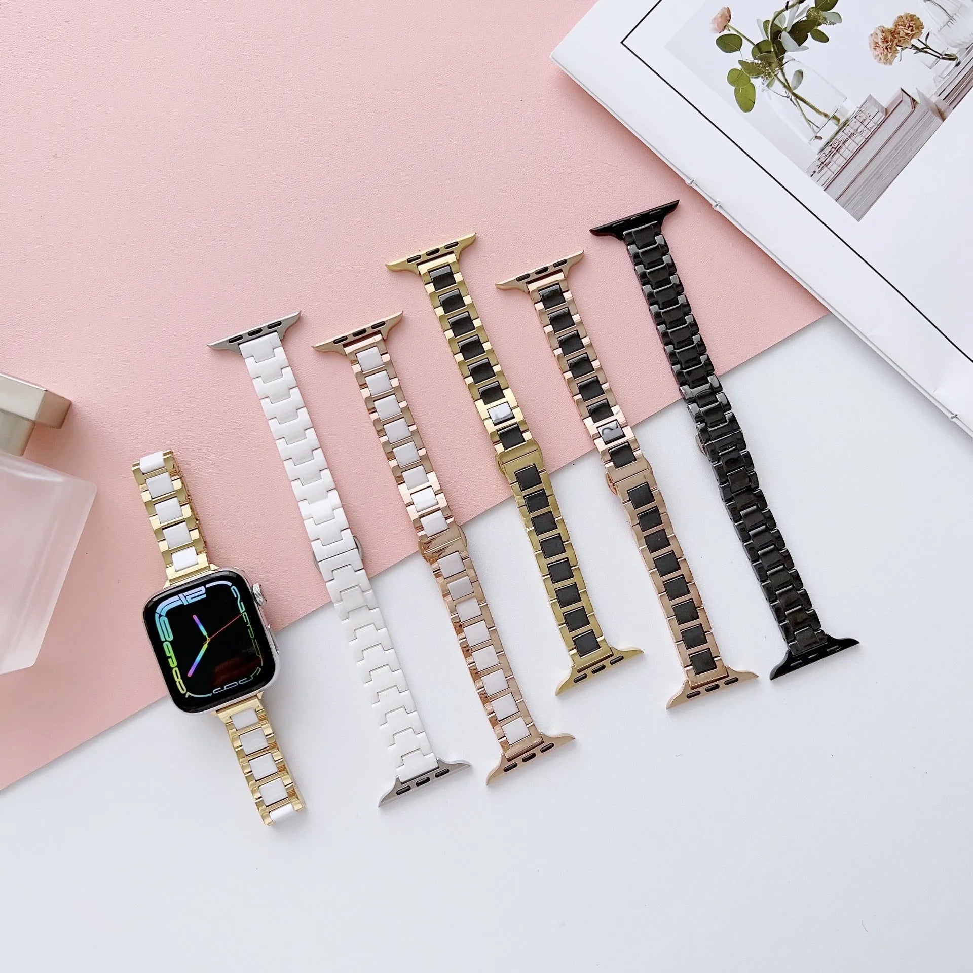 Stainless steel ceramic watch band for Apple Watch with three beads design, gold and black ceramic colour option