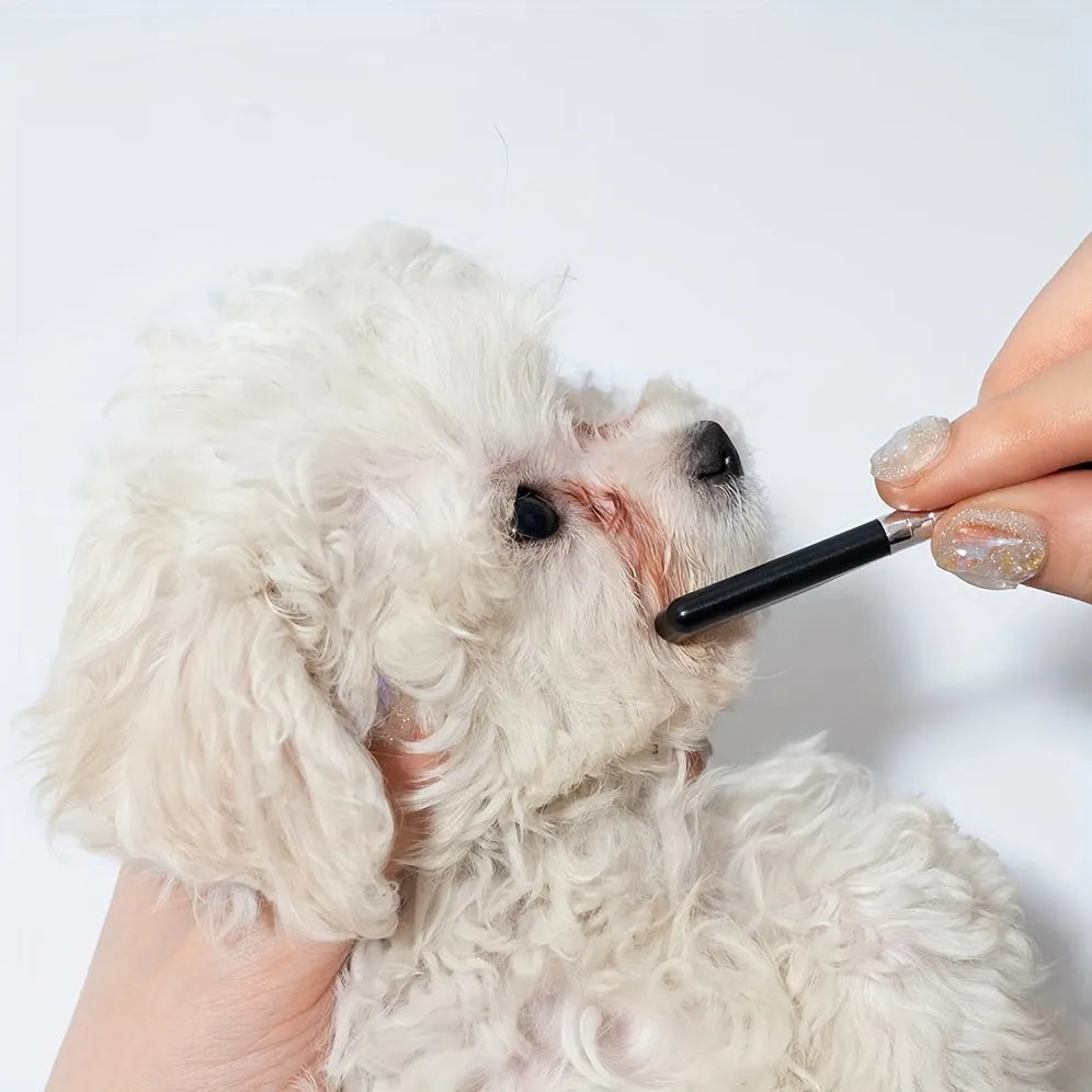 Black pet grooming brush with soft bristles for tear stain removal and comb attachment for dogs and cats