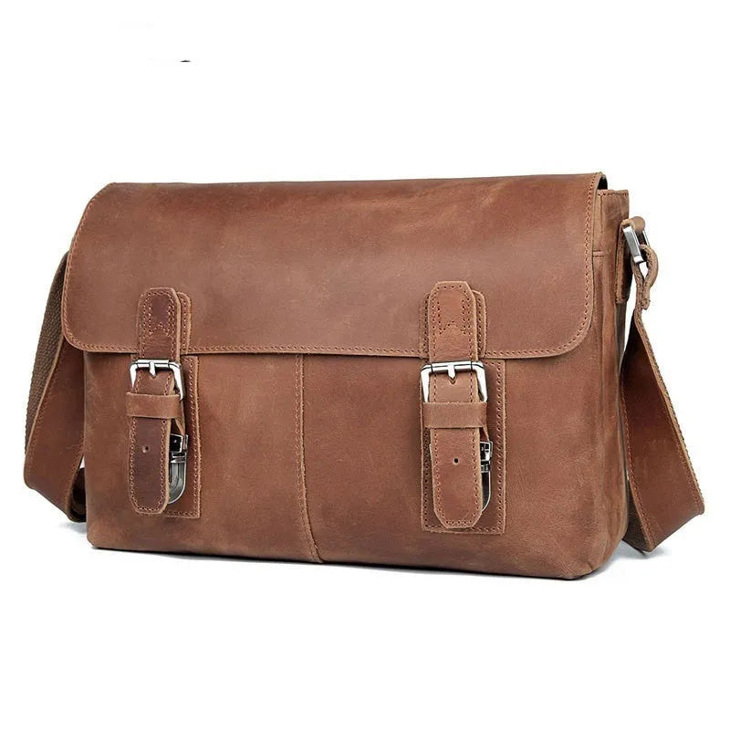 Vintage leather crossbody bag for men in brown first layer cowhide with wear-resistant finish