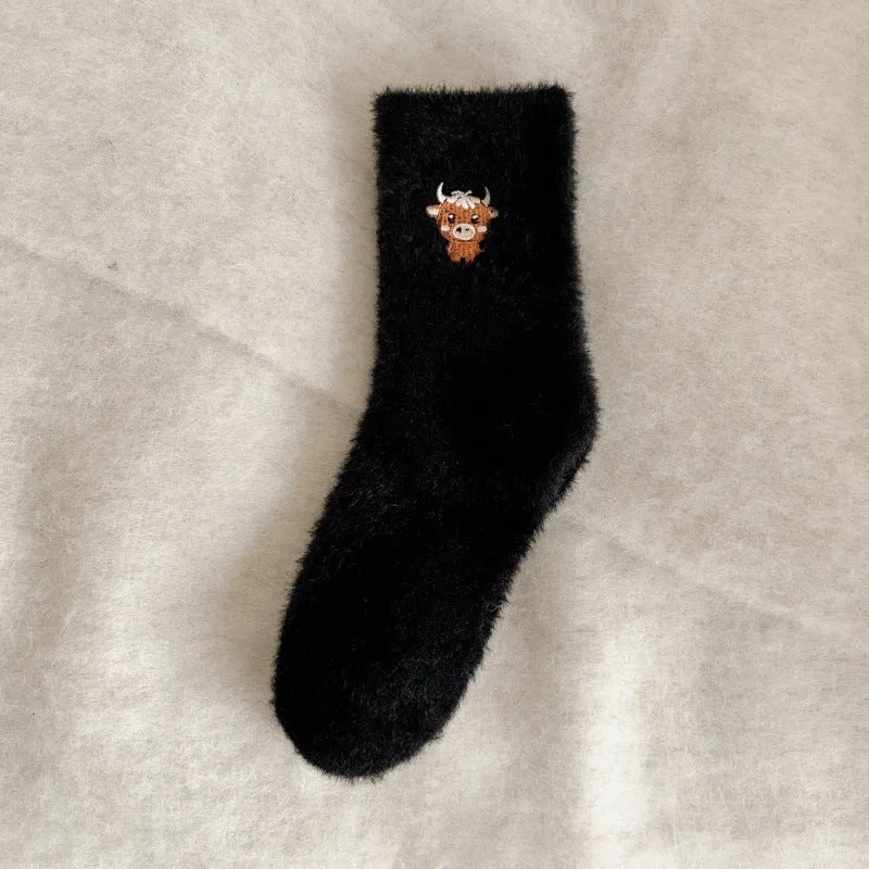 Women's fleece-lined thickened warm mid-calf socks in autumn winter colours black white khaki light coffee dark coffee