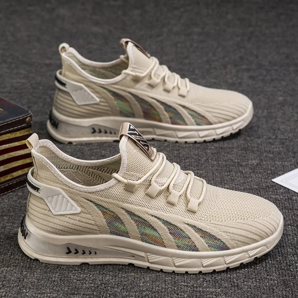 Low-top striped sneaker with mesh upper and flat plastic sole in grey colour