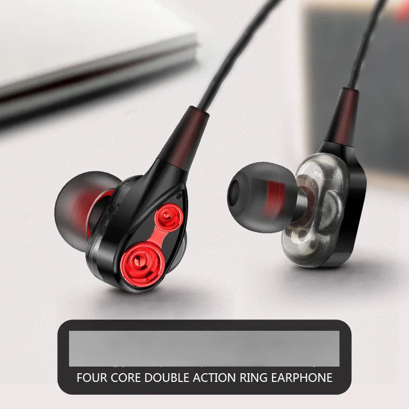 Red quad core dual dynamic metal subwoofer in-ear headphones with 3.5mm plug, microphone and 1.2m cable