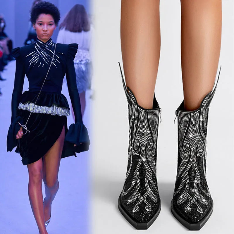 Women's black chunky heel Martin boots with rhinestone flame decoration and side zip.