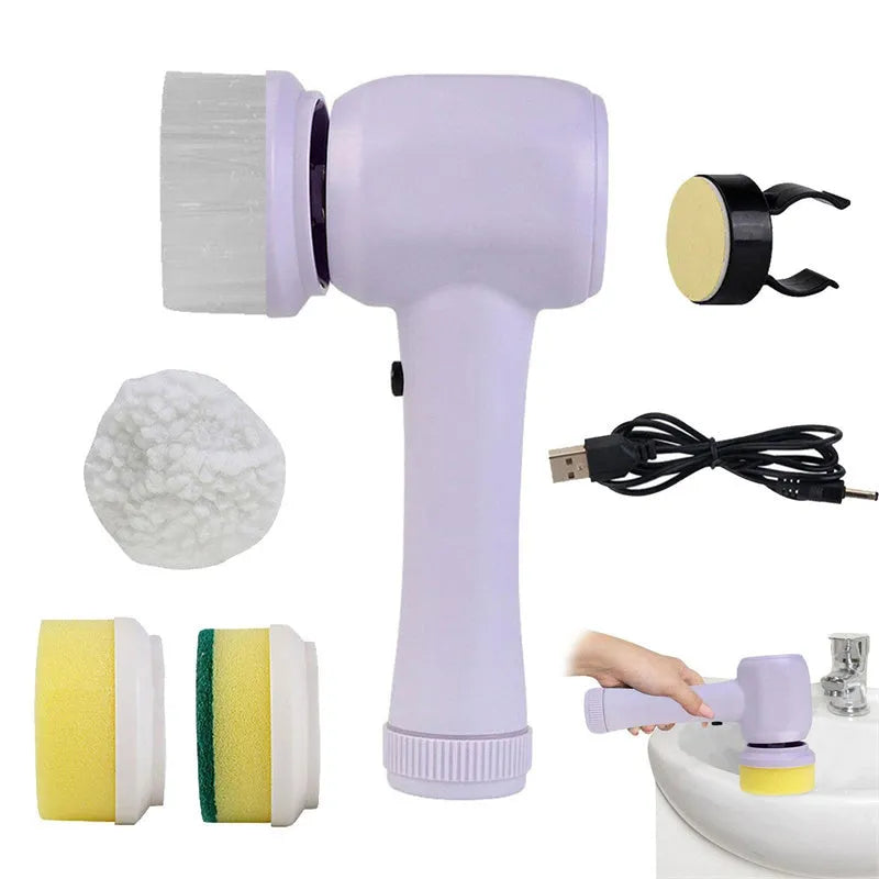 White cordless electric cleaning brush with multiple brush heads on a cleaning surface