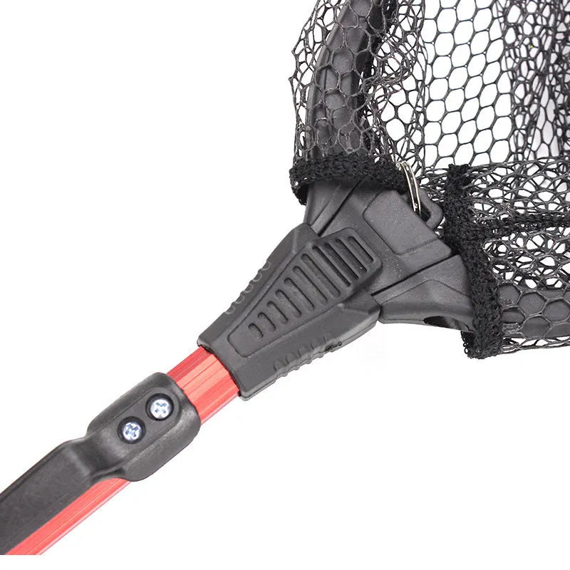 Red aluminium alloy single section triangular folding dip net with viscose mesh, 80cm total length, folded