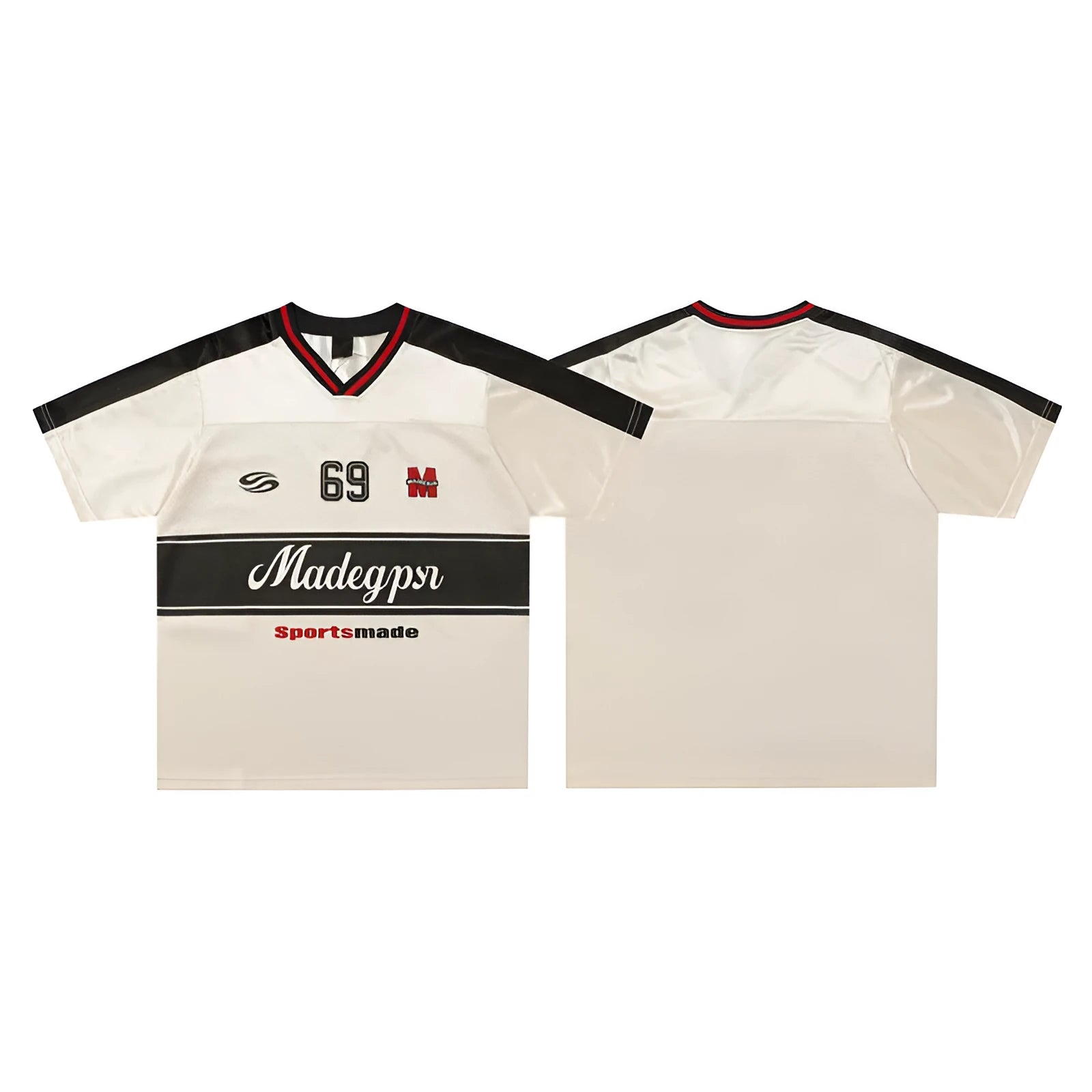 Apricot coloured V-neck sports jersey with letter pattern print and drop-shoulder sleeves