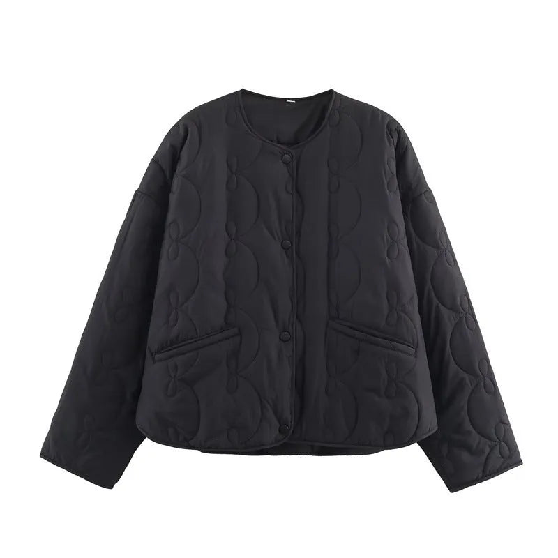 Temperament Women's Bow Quilted Coat in black, medium thickness polyester straight cut regular sleeves