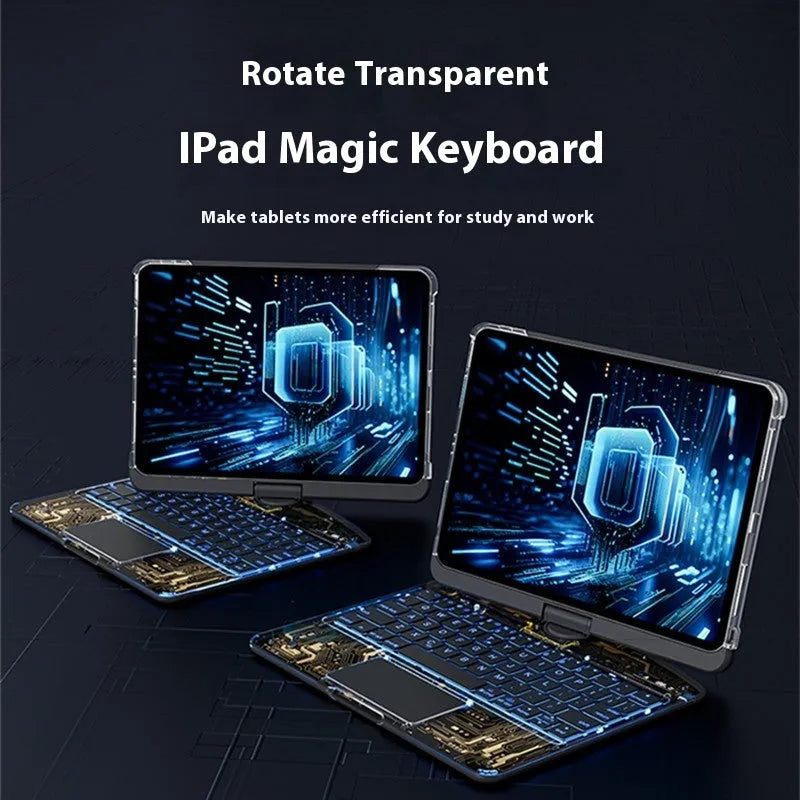 360 swivel transparent keyboard case for iPad with trackpad and pen slot, showing open position