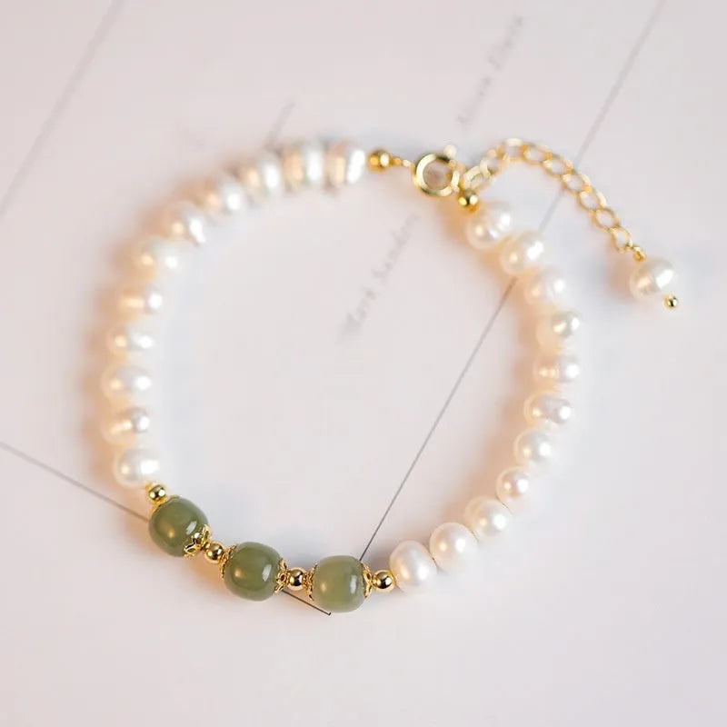 Korean style freshwater pearl bracelet in diamond shape, electroplated in Hetian jade colour.