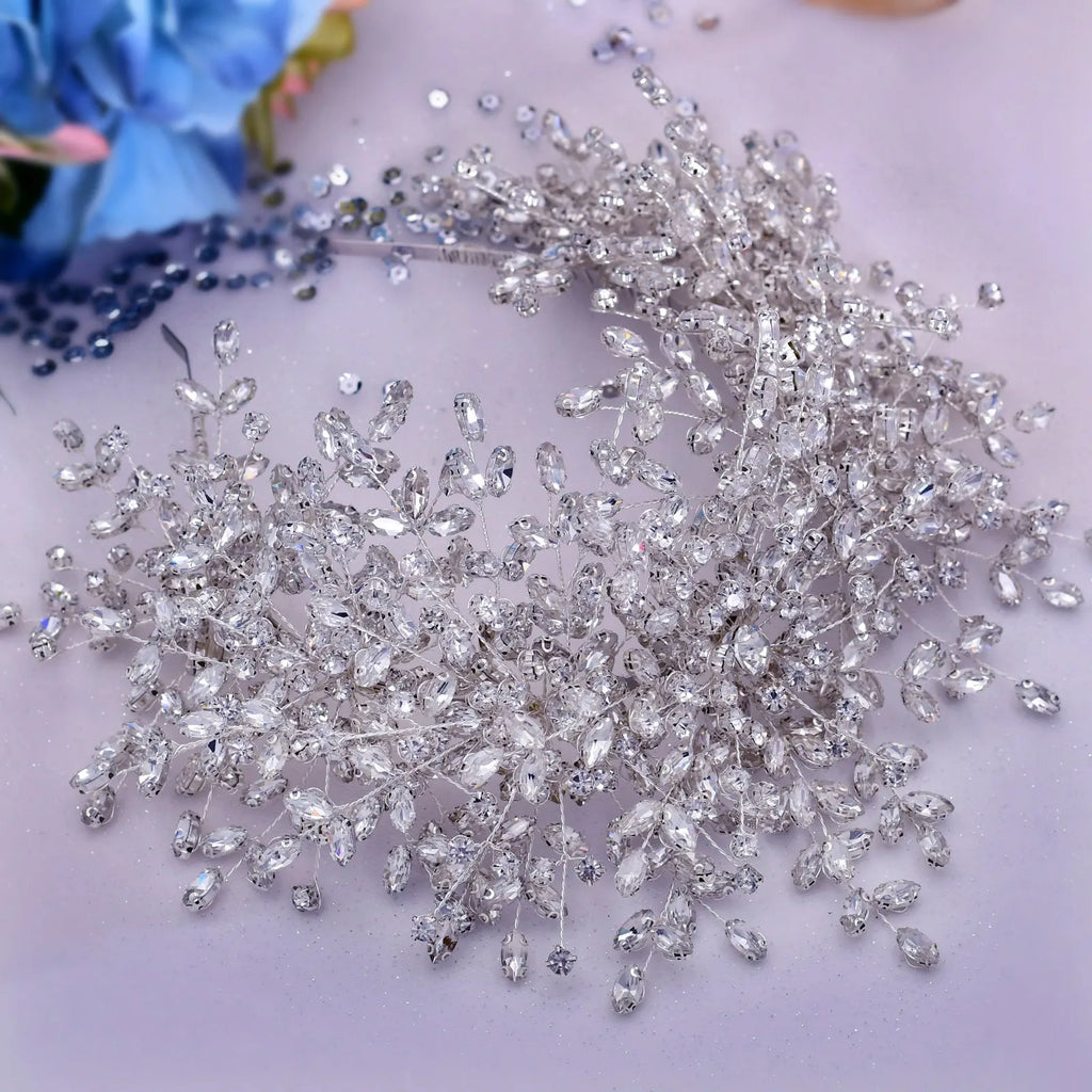 Heavy handmade rhinestone ice and snow queen wedding crown tiara in silver with crystal beaded detailing