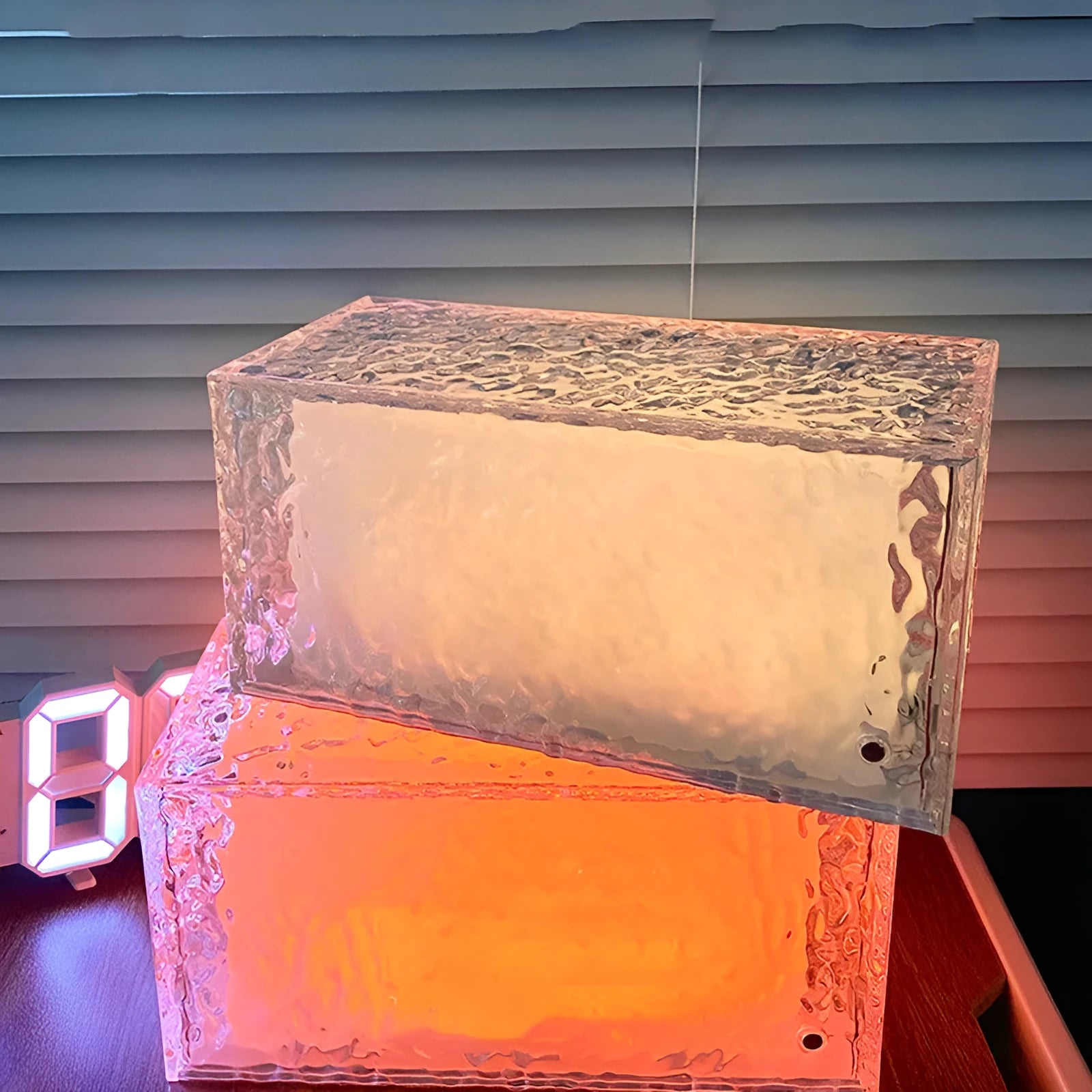 Geometric ice cube shaped acrylic night lamp with variable colour LED lighting