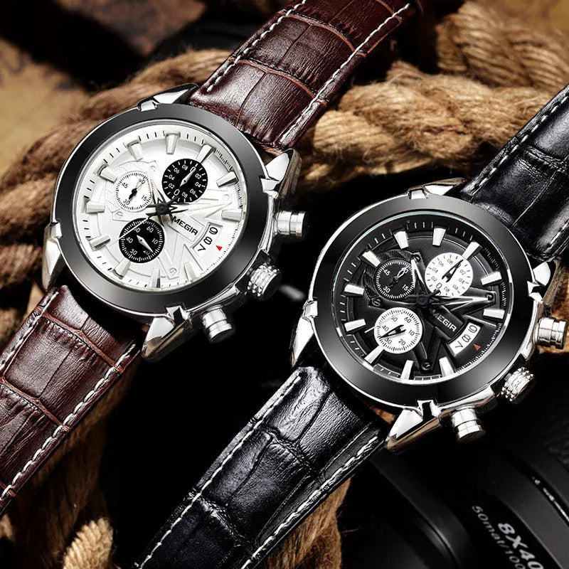 Men's multifunctional quartz watch with luminous markers and three subdials on a brown and white dial.