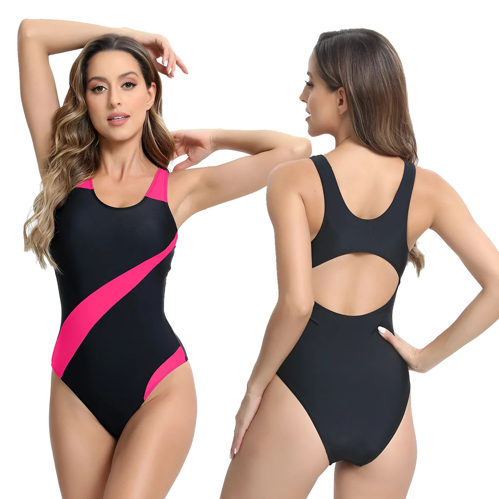 Women's sleeveless one-piece swimsuit in rose red with colour-matched briefs.