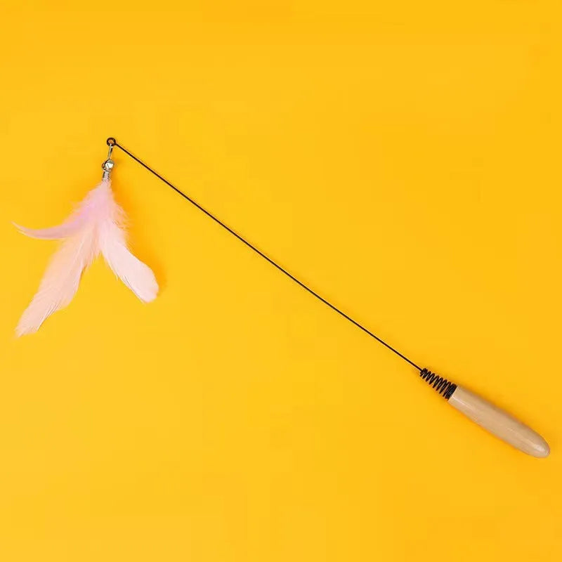 Wooden handle cat teasing stick with feather bell replacement head in choice of four colours