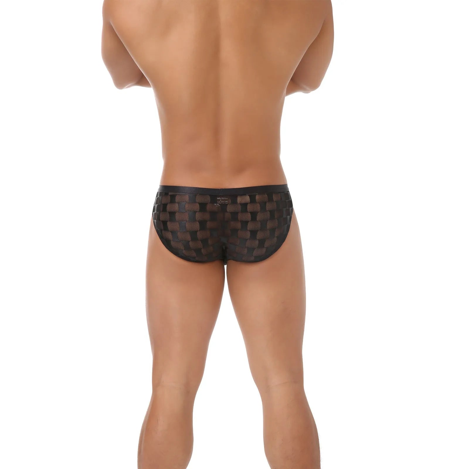 Men's black mesh breathable U-convex plaid underpants briefs with lace nylon fabric