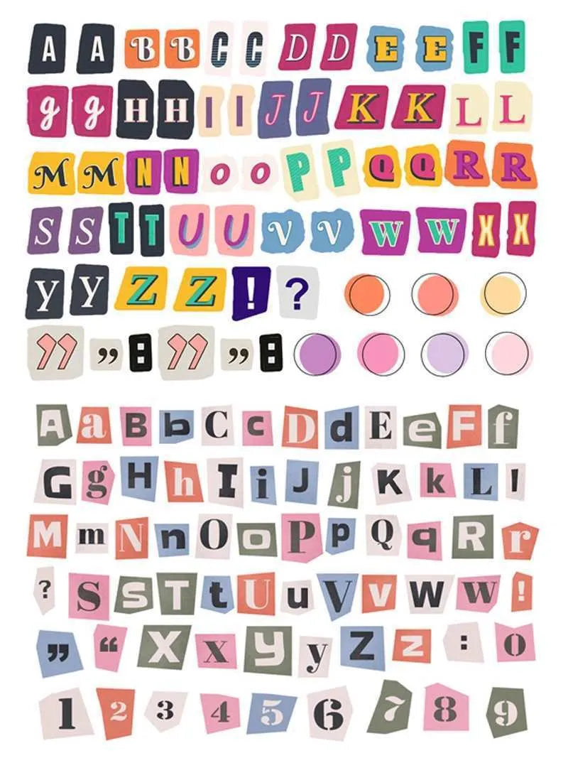 Set of decorative stickers showing English letters, numbers, and weekly words in a cute printed style.