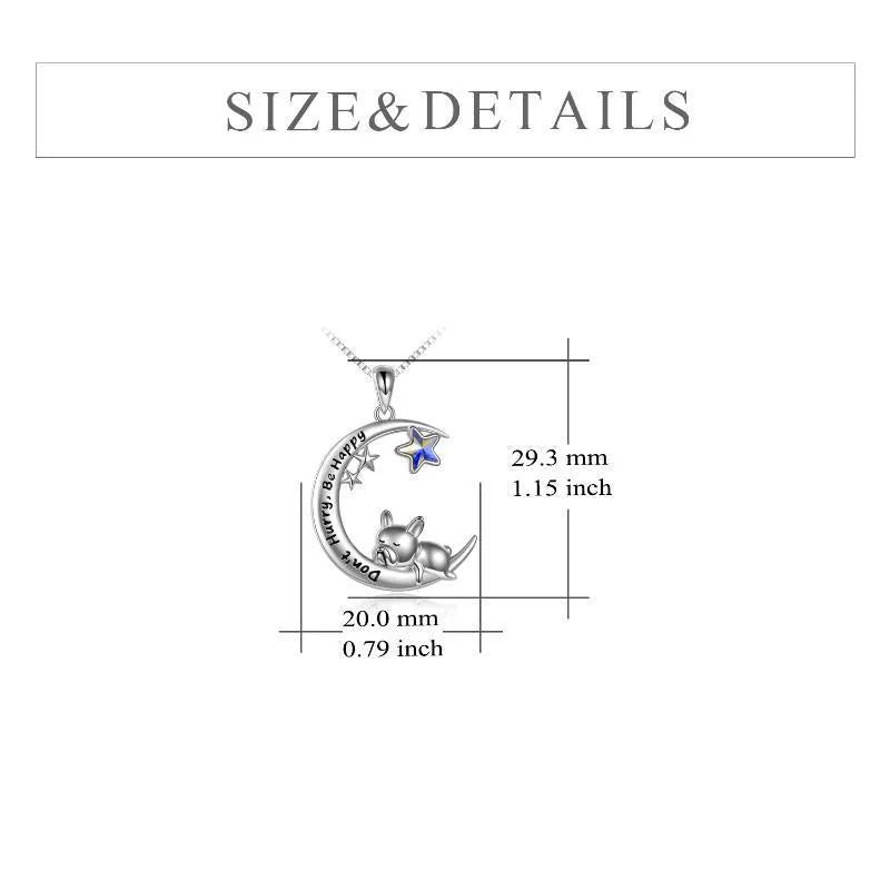 Sterling silver French Bulldog moon pendant necklace with crystal accent on 18-inch box chain
