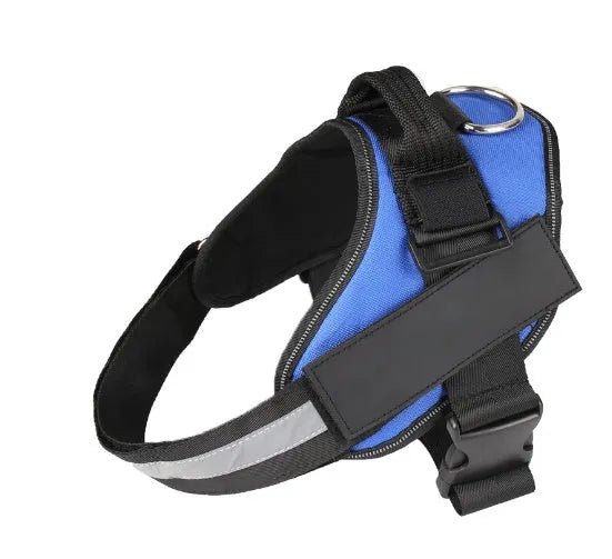 Adjustable dog harness with mesh padded vest in assorted colours, showing reflective strips and D-ring leash attachment.