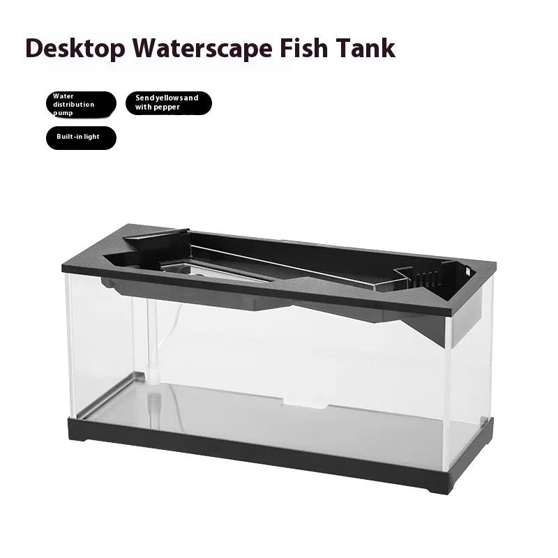 Small acrylic integrated lazy aquarium with circular filter, built-in lamp, external light, and heating mat for desktop use