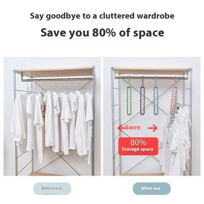 Green nine-hole plastic folding hanger with trousers organised vertically